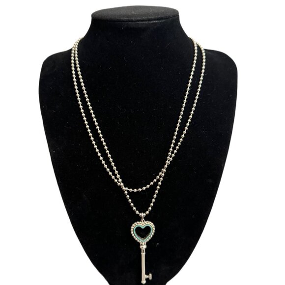 TIFFANY Sterling Silver Heart Key Pendant on Large Bead Necklace - Picture 1 of 6